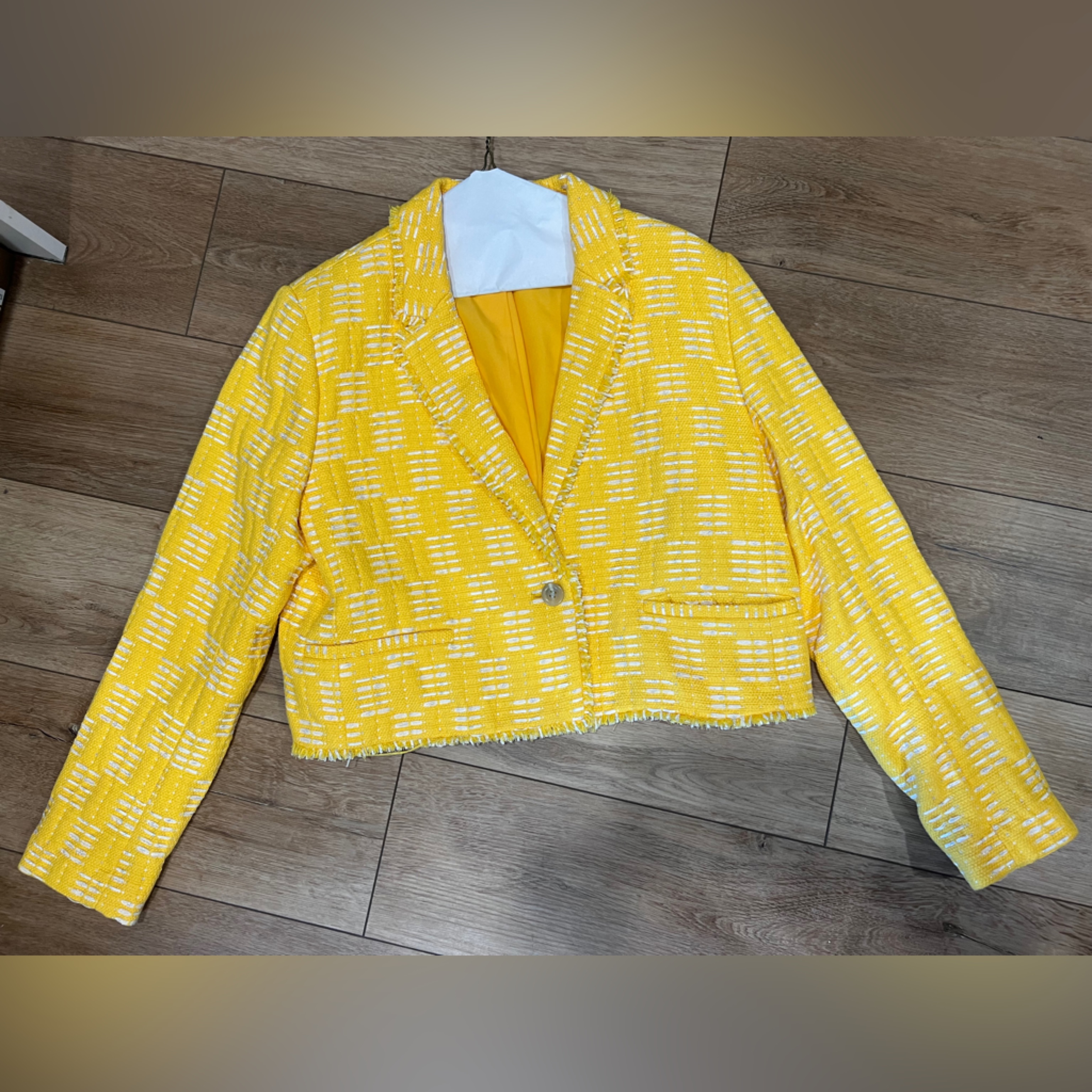 Ann Taylor Yellow/White/Silver Tweed Cropped Jacket - Women's Blazer Size 12.